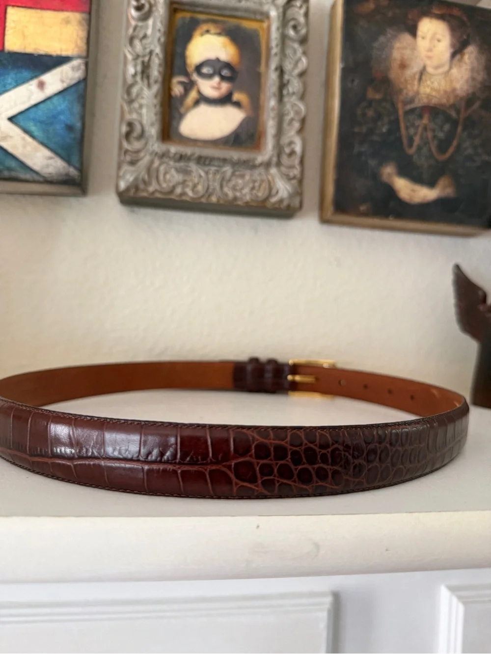Ralph Lauren Brown Croc Embossed Leather Belt Gold Buckle Size Medium 37